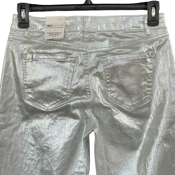 INC SZ 4/27 Boyfriend Pants Mid-Rise Stretch Silver Metallic Shiny Zip-Fly New - Picture 4 of 8